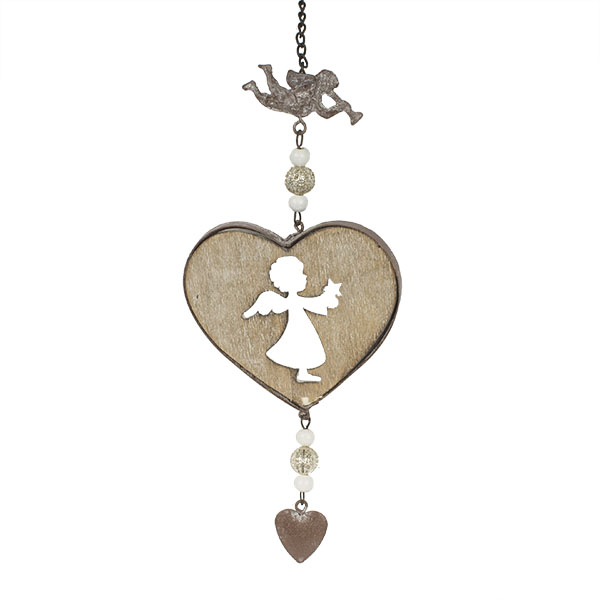 Metal & Wooden Heart Hanging Decoration With Angel Design - 20cm