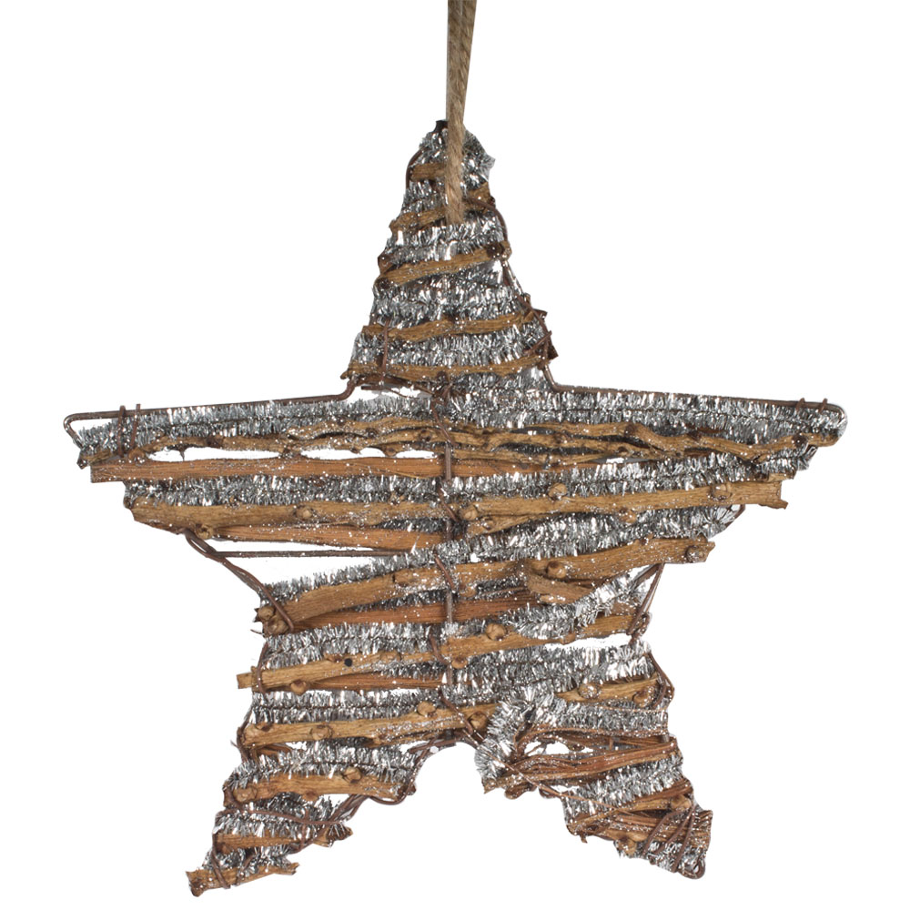 Rattan Star Hanging Decoration With Silver Glitter - 20cm