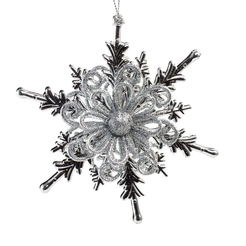 Silver Glitter Finish Snowflake Hanging Decoration - 12cm