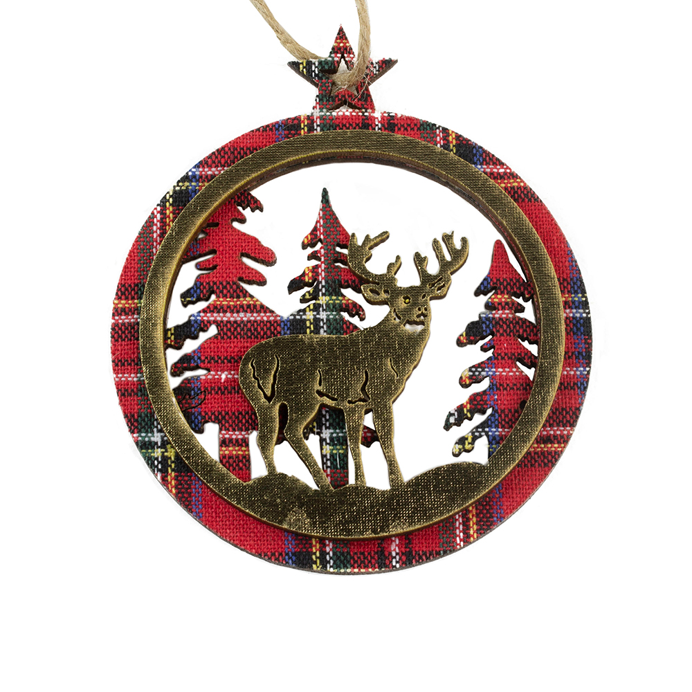 Tartan And Wood Reindeer Stag Hanging Decoration - 9cm