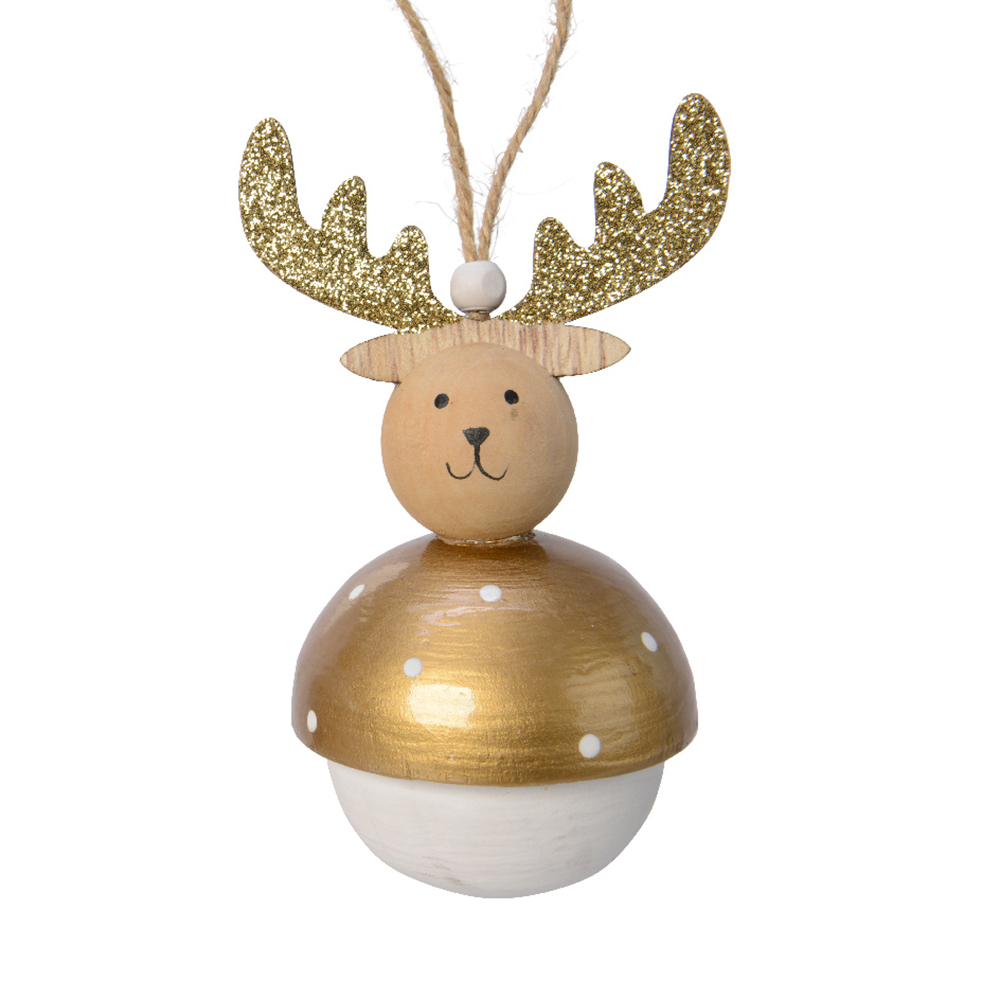 Gold & White Dotted Paulownia Wood Reindeer With Glitter Finish & Bead Hanging Decoration