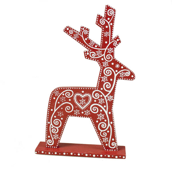 Birchcraft Red & White Wooden Reindeer Ornament - 19cm