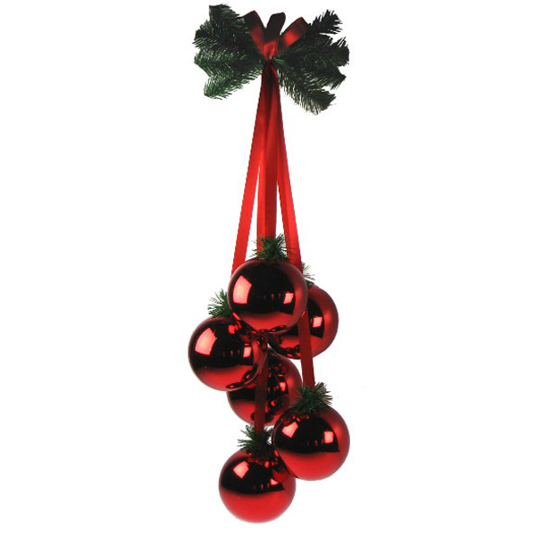 Cluster Of 6 x 100mm Red Shatterproof Baubles With Green Pine Hanger