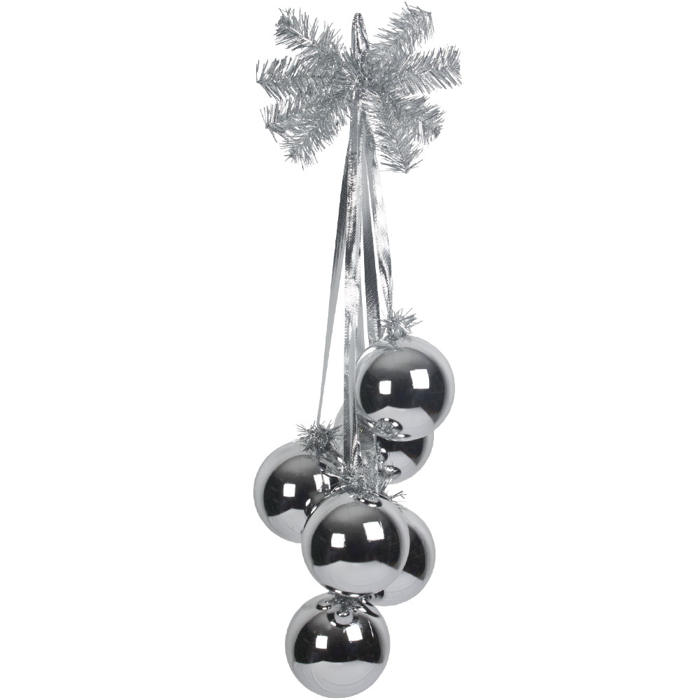 Cluster Of 6 X 100mm Silver Shatterproof Baubles With Silver Metallic Branch Hanger