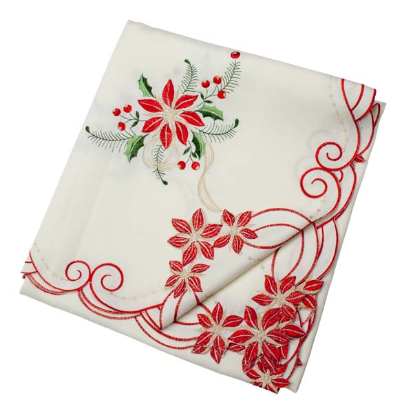 Ivory Holly & Flower Square Embroidered Tablecloth - 137cm X 137cm (54