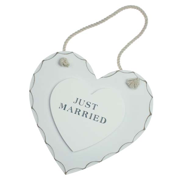 White Wooden Just Married Hanging Heart