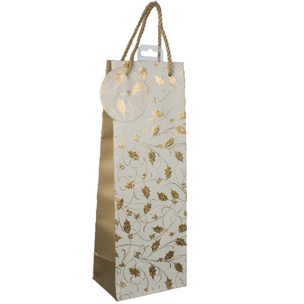 Cream & Gold Holly Design Holographic Foil Bottle Bag