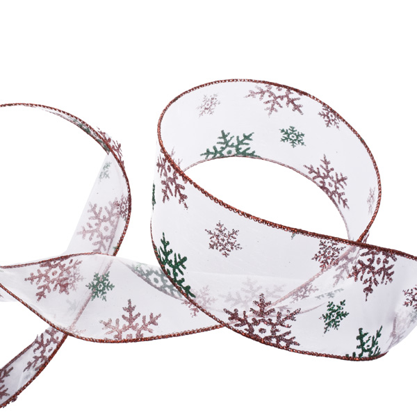 Gisela Graham White Sheer Ribbon With Red And Green Snowflakes - 2.5cm x 9m