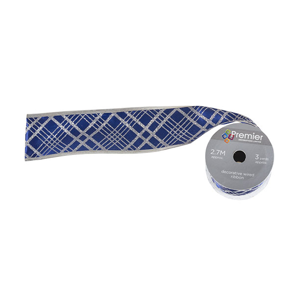 Blue With Silver Checks Design Sheer Wired Edged Christmas Ribbon - 6cm X 2.7m
