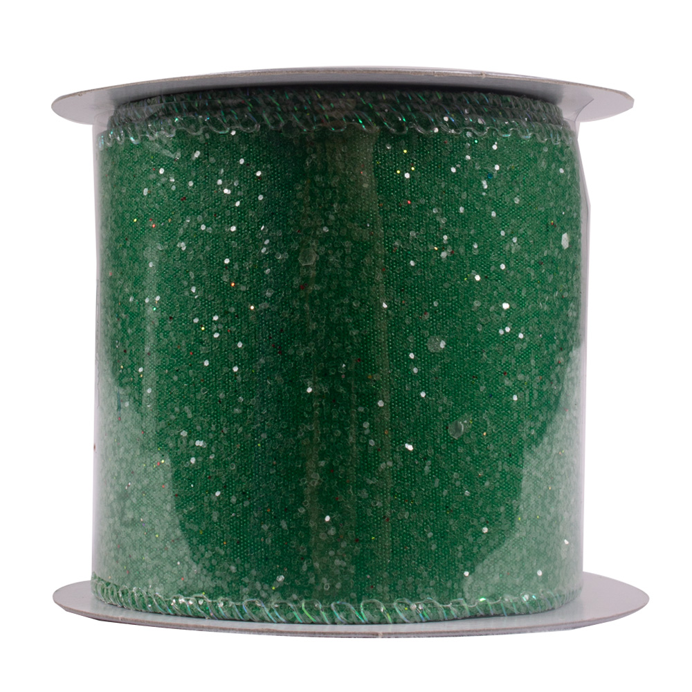 Green Wire Edged Glitter Ribbon - 6cm X 2.7m