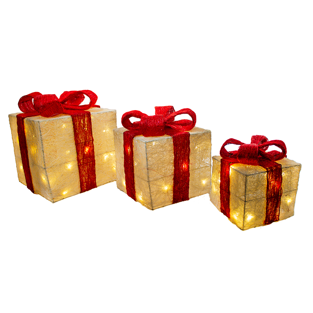 Trio Of White & Red Indoor Lit Parcels With 40 Warm White LED's
