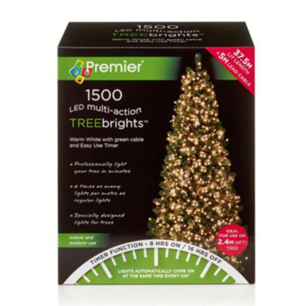 Premier 1500 Warm White Treebrights Multi Action LED Fairy Lights On Green Cable With Timer
