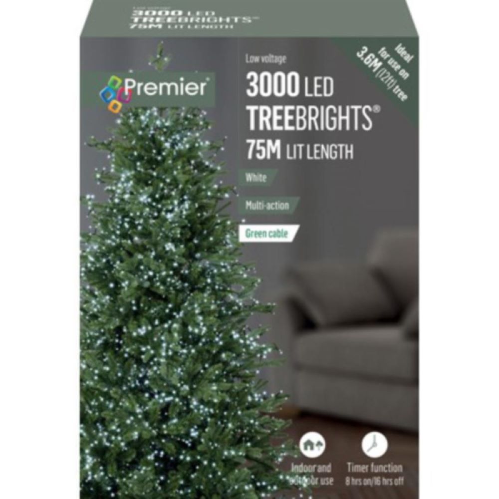 Premier 75m length of 3000 White Treebrights Multi Action LED Fairy Lights On Green Cable With Timer
