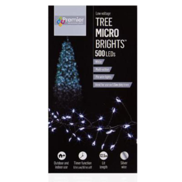 Premier 10m length of 500 White Indoor & Outdoor Multi Action Micro LED Treebright Fairy Lights With Timer On Silver Wire