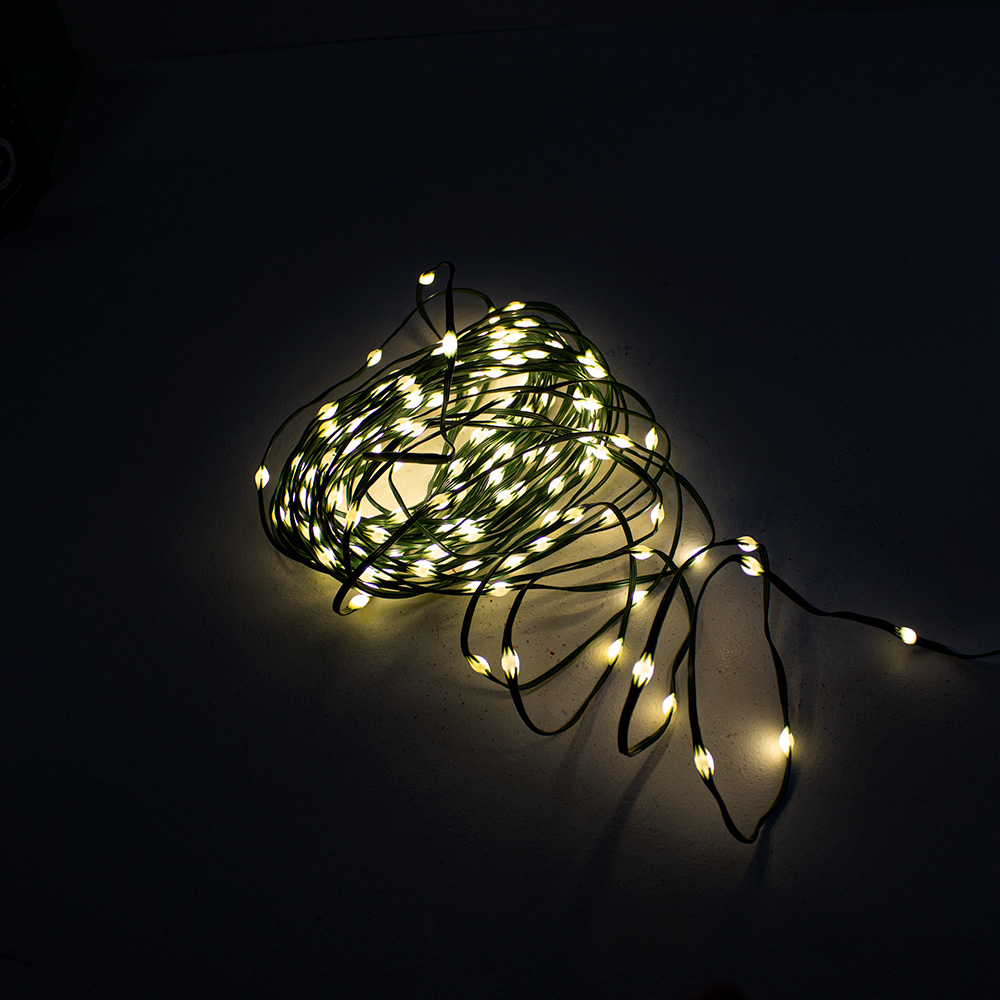 13.5m Length of 180 Indoor & Outdoor Micro Flex Warm White LED String Lights On Green Cable