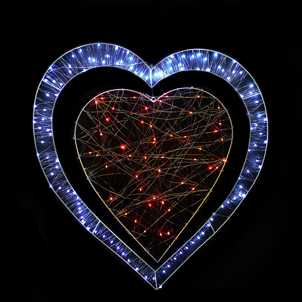 Red & White LEDs Pine Wire Double Heart Silhouette - 80cm