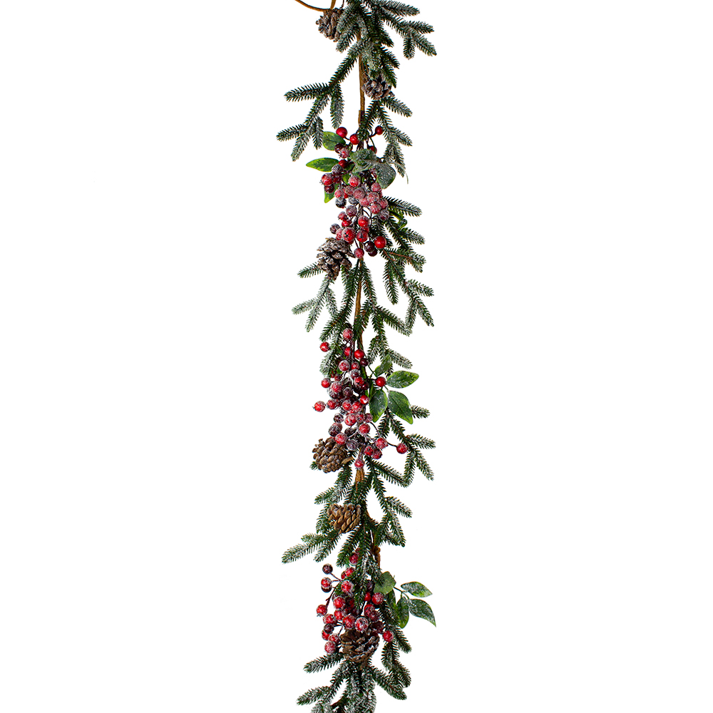 Green And Red Snow Finish Garland With Pinecones And Berries - 176cm