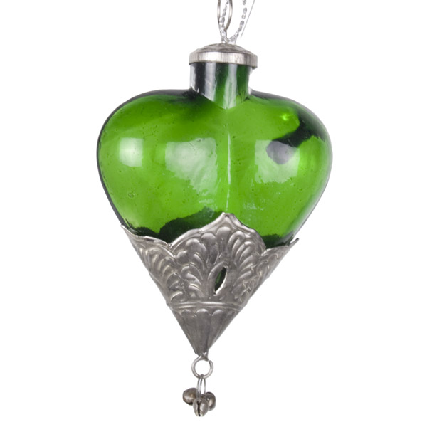 Green Glass And Metal Heart Hanger - 14cm X 10cm