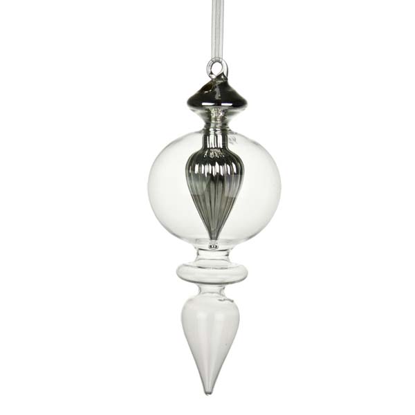Clear Glass Finial Decoration With Silver Centre - 20cm