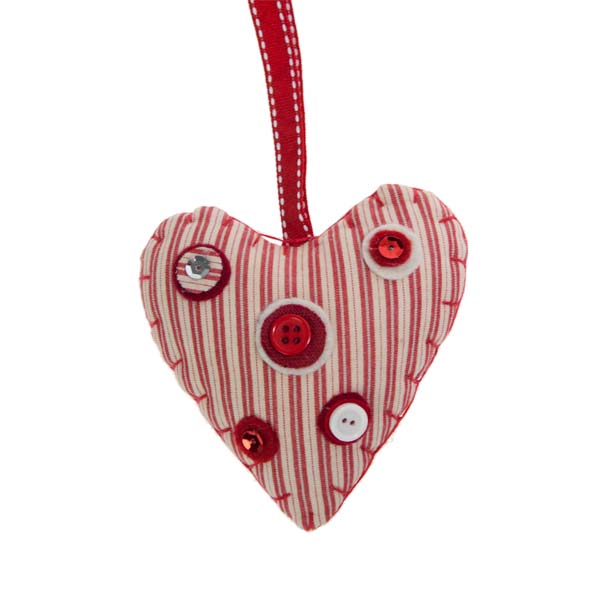 Striped Fabric Hanging Heart with Button Detail - 10cm