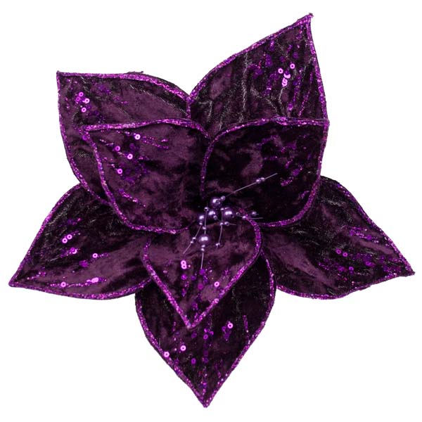 Purple Poinsettia Velvet Effect Flower On Clip - 23cm