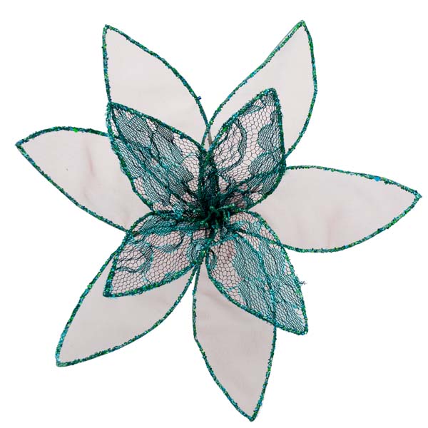 Teal Decorative Organza Fabric Flower With Lace Detailing - 25cm