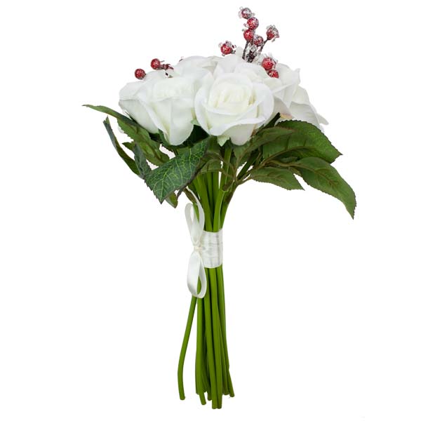 White Rose Bundle With Frosted Red Berries - 32cm