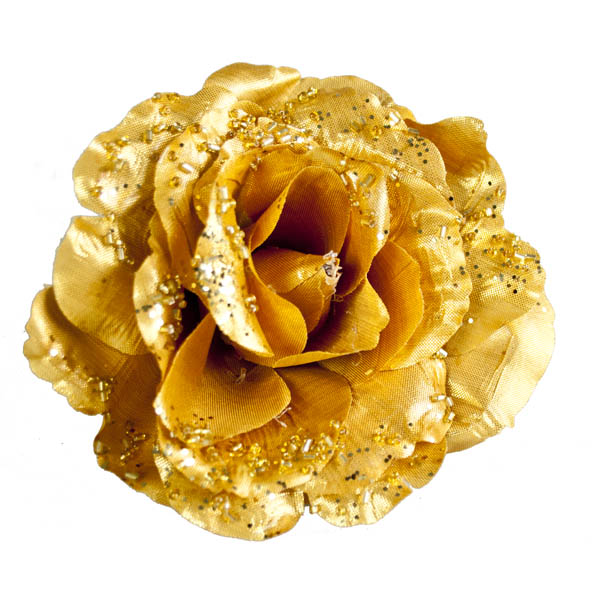 Gold Fabric Rose With Glitter On Clip - 10cm