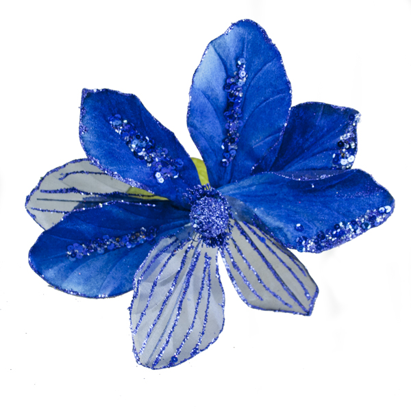 Blue Glitter & Beaded 70cm Magnolia Flower Spray