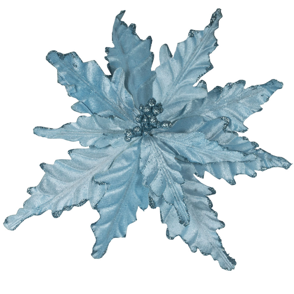 Decorative Pale Blue Velour Poinsettia Flower On Clip - 25cm