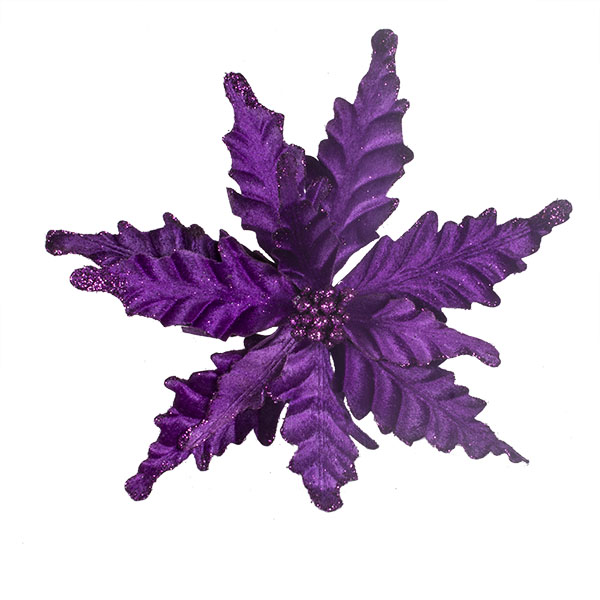 Decorative Purple Velour Poinsettia Flower On Clip - 25cm