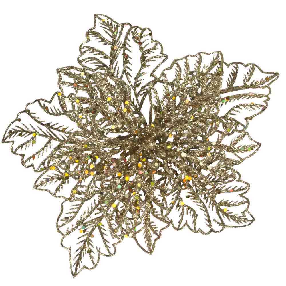 Gold Glitter Finish Poinsettia On Clip - 23cm