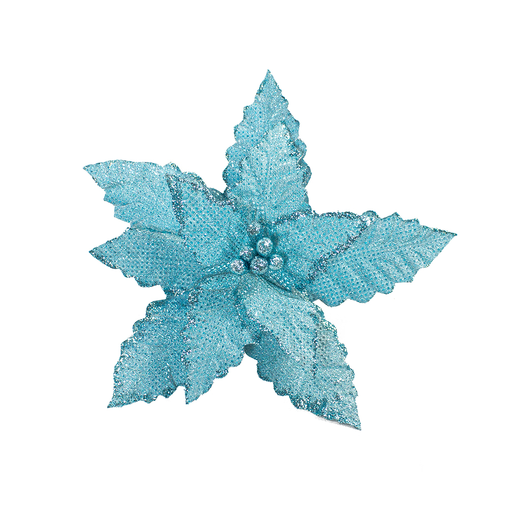 Ice Blue Glitter Finish Fabric Poinsettia On Clip - 32cm