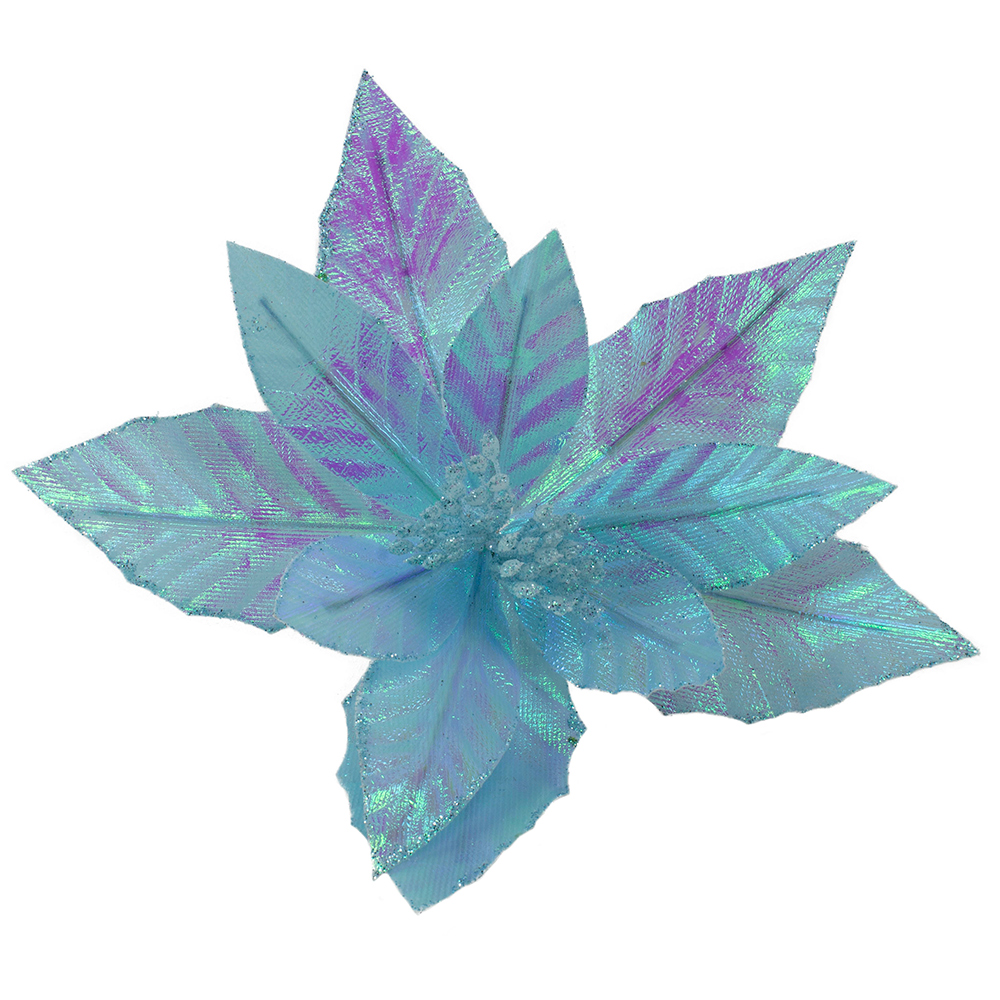 Pale Blue Iridescent Decorative Poinsettia Flower On Clip - 28cm