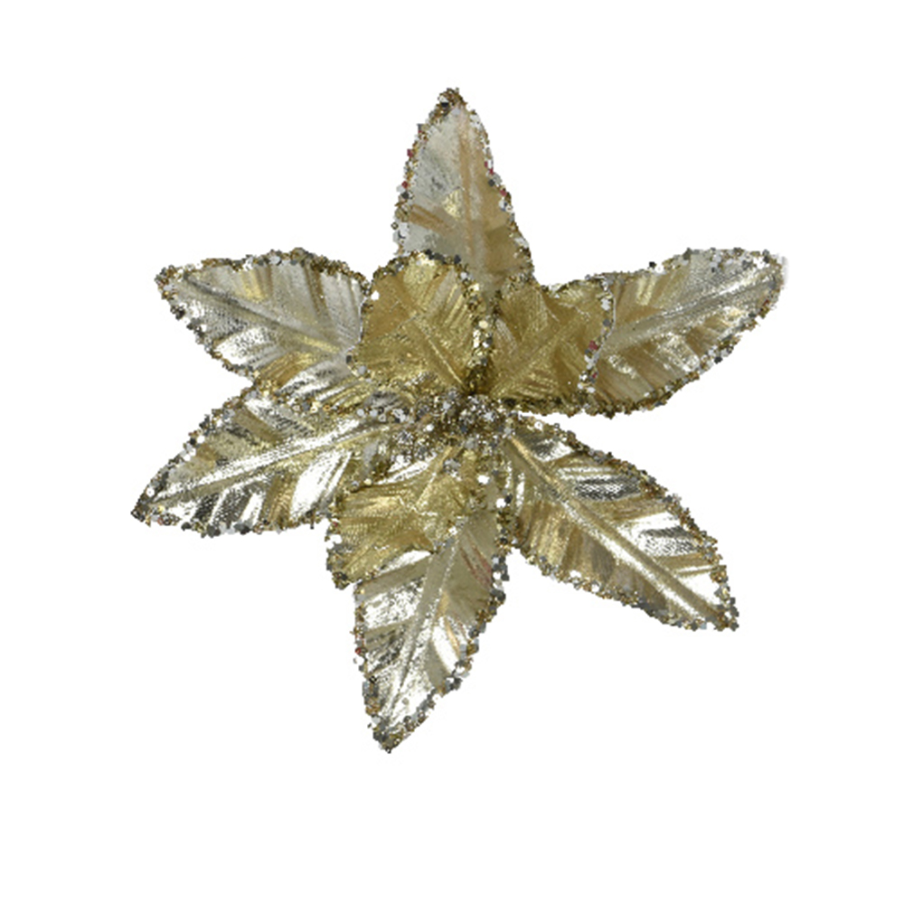 Gold Poinsettia On Clip With Glitter Finish - 10cm