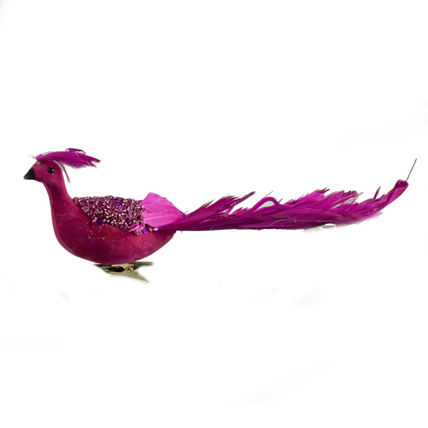 Pink Beaded And Feather Peacock On Clip - 37cm