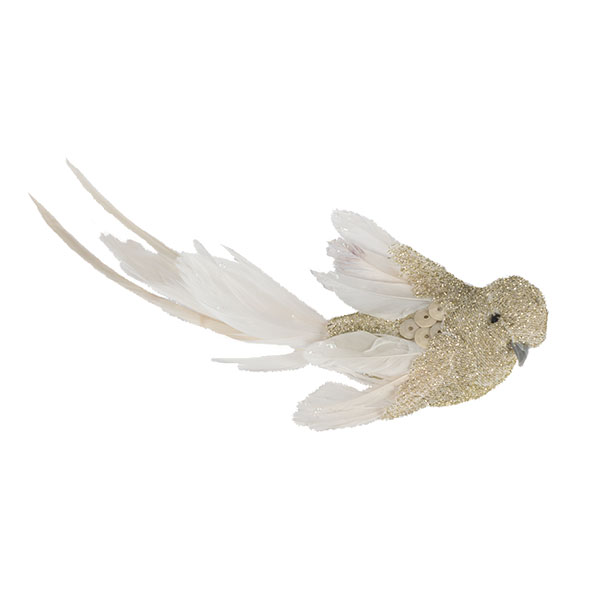 Pearl Glitter & Feather Bird On Clip - 15cm