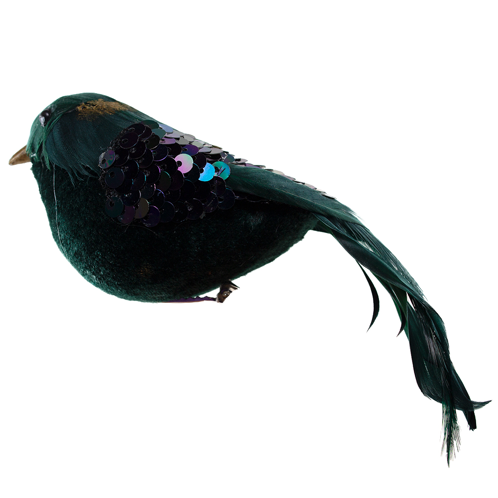 Decorative Green Bird On Clip With Spangle Wings - 15cm