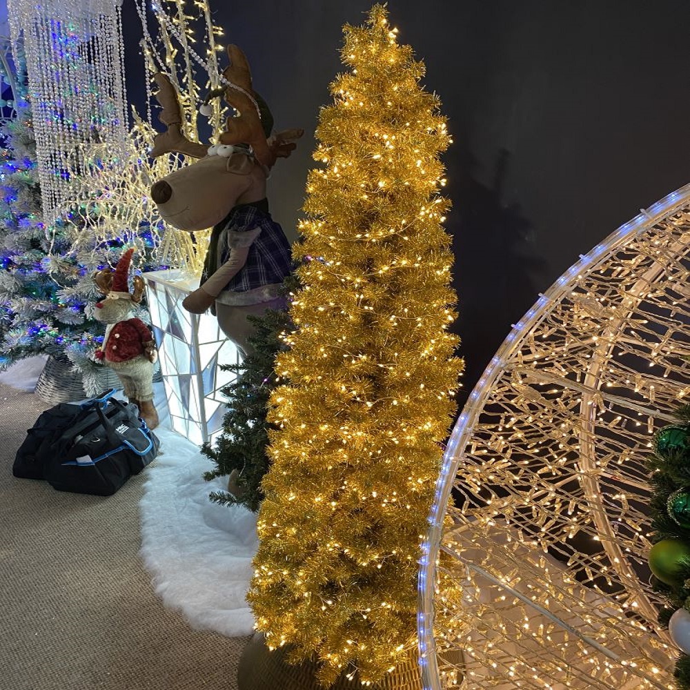 Artificial Gold Tinsel Pencil Christmas Tree - 180cm (6ft) With Gold LED Lights