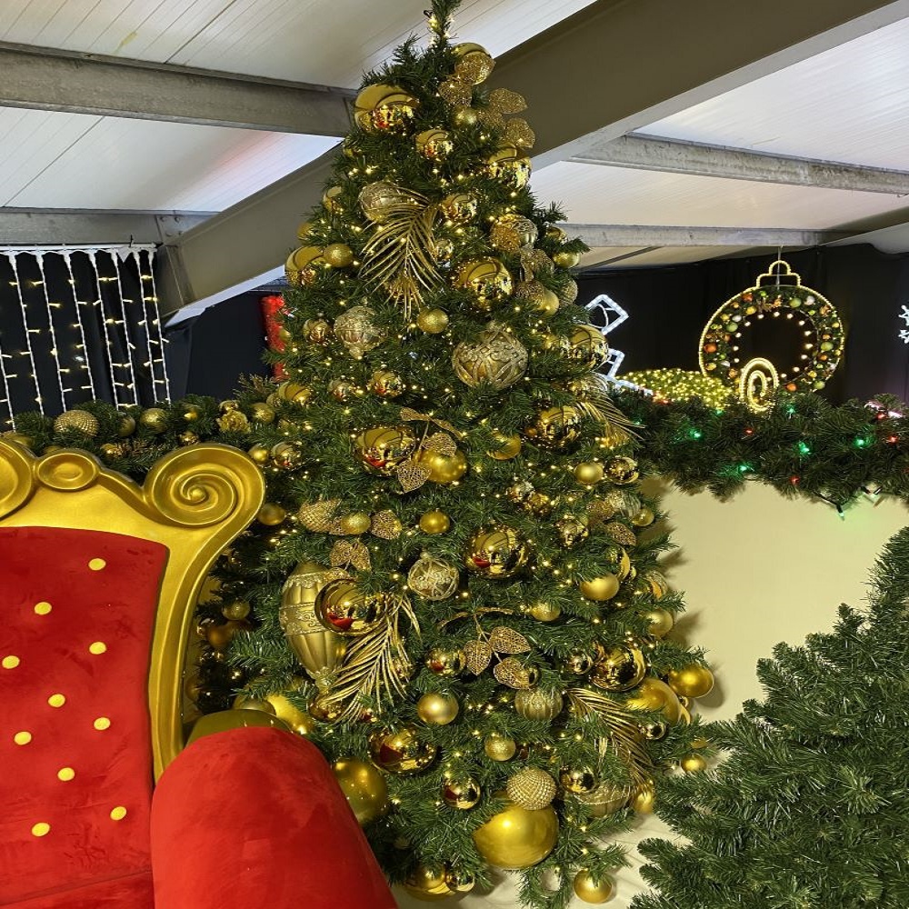 Artificial Green Christmas Tree - 240cm (8ft) With Gold Decorations And Warm White LED Lights