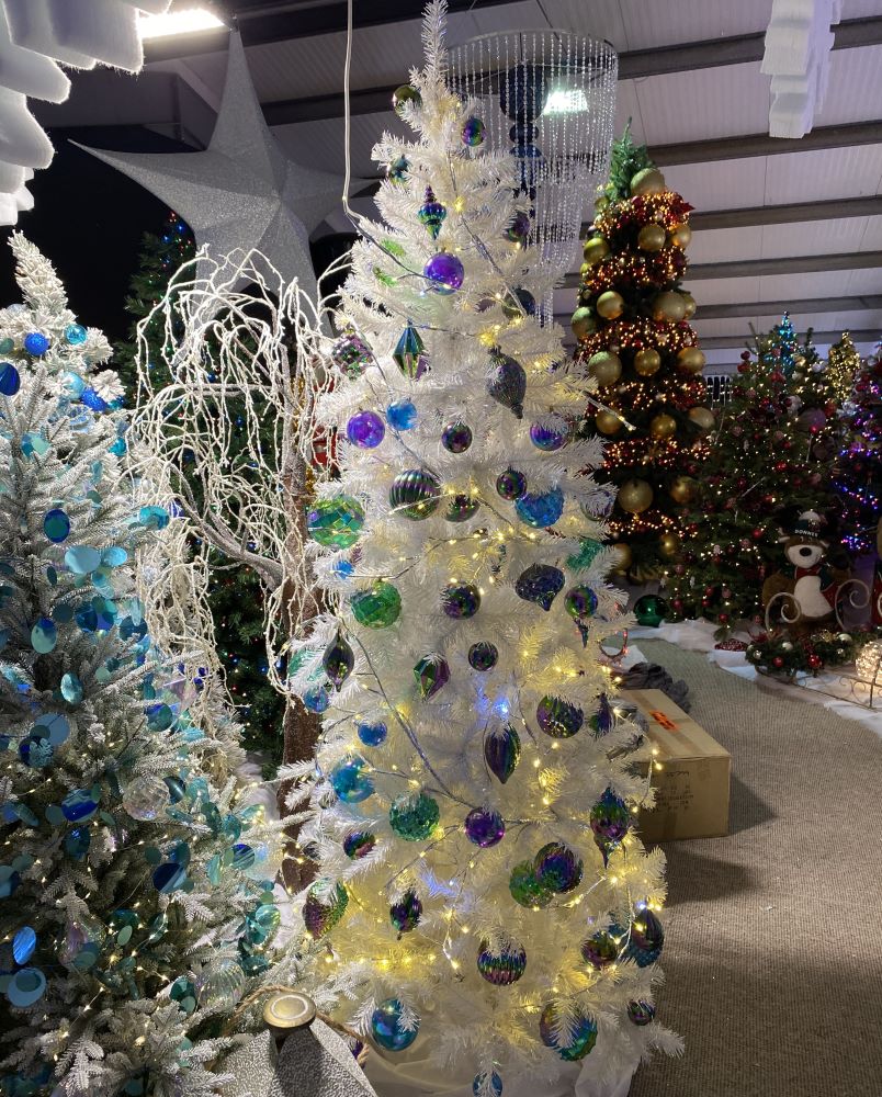 Artificial White Christmas Tree - 240cm (8ft) Blue, Green & Purple Iridescent Baubles With Warm White LED Lights