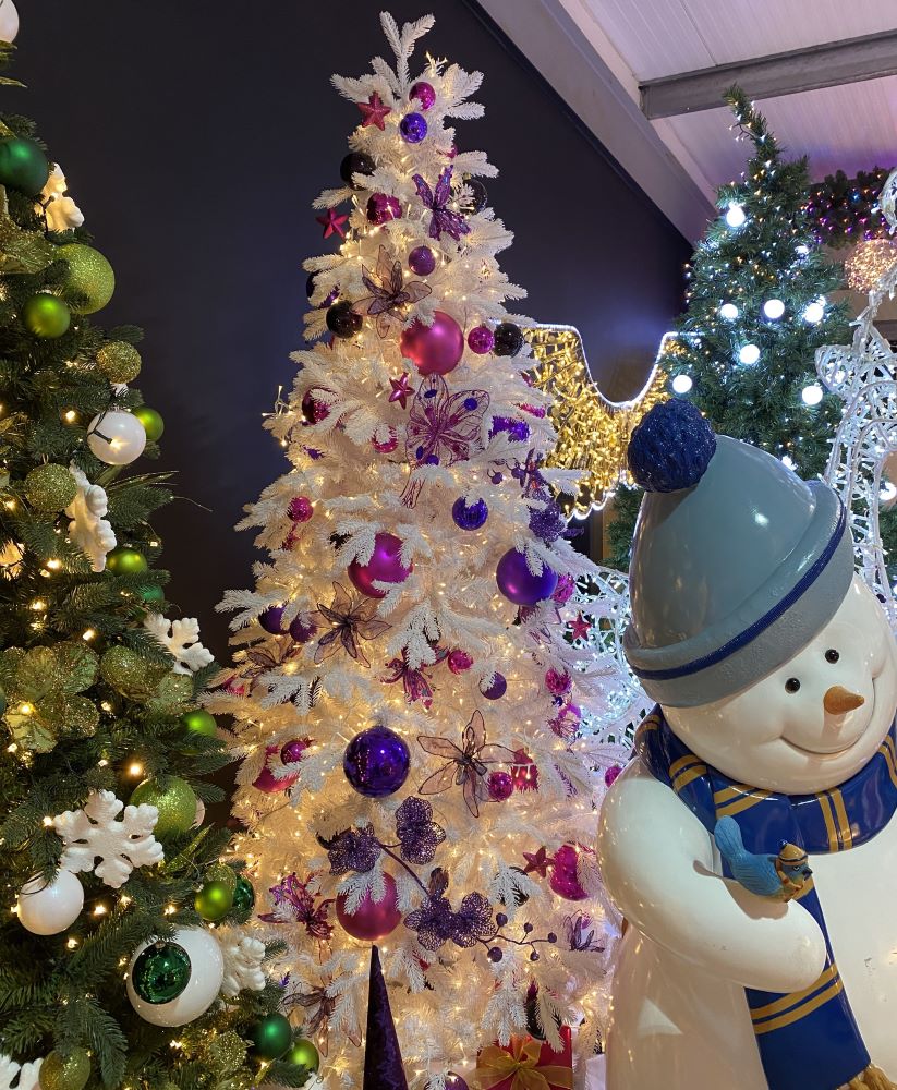 Artificial White Christmas Tree - 240cm (8ft) With Purple & Pink Decorations & Warm White LED Lights