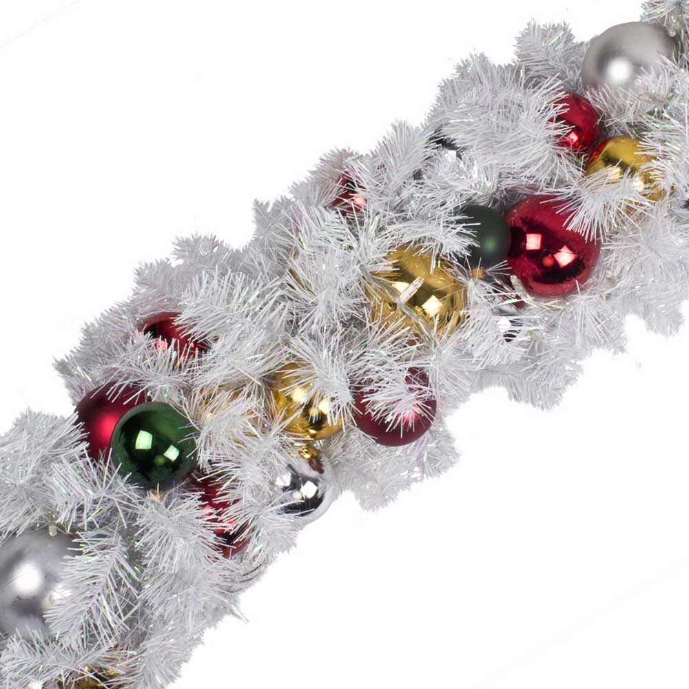 Luxury White Garland - 2.7m X 25cm With Red, Gold, Green & Silver Baubles