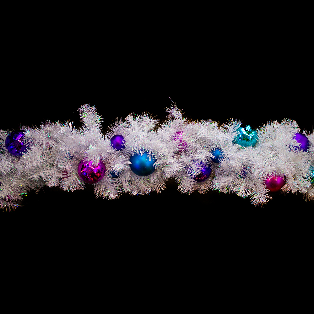 Luxury White & Iridescent Mix Garland With Purple, Pink & Blue Baubles & White Static LED Icicle Light- 3m x 35cm