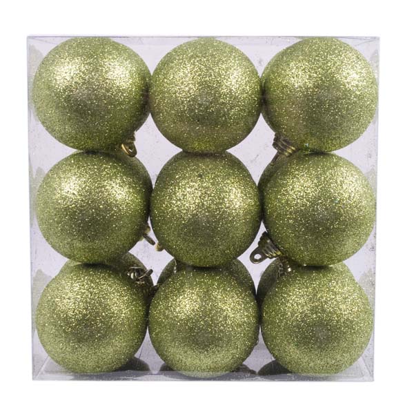 Xmas Baubles - Pack of 18 x 60mm Lime Green Glitter Shatterproof