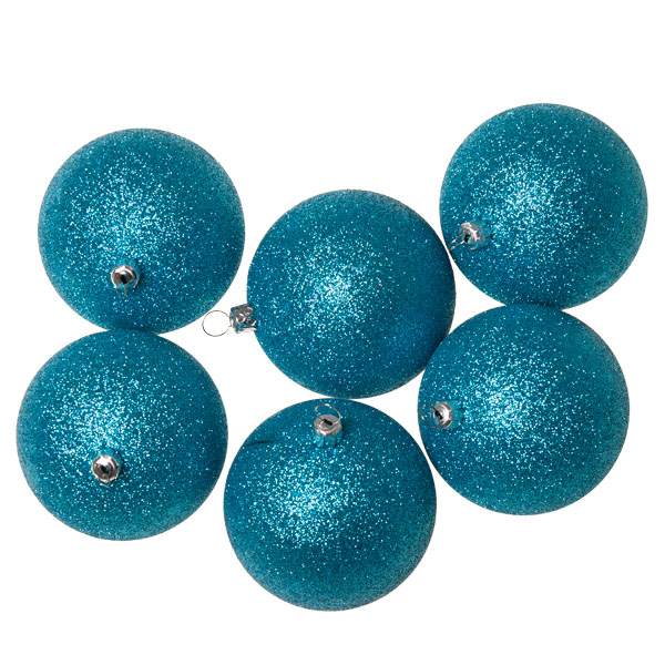 Xmas Baubles - Pack of 6 x 80mm Aqua Turquoise Glitter Shatterproof