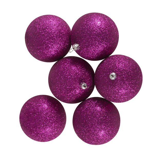 Xmas Baubles - Pack of 6 x 80mm Cerise Pink Glitter Shatterproof