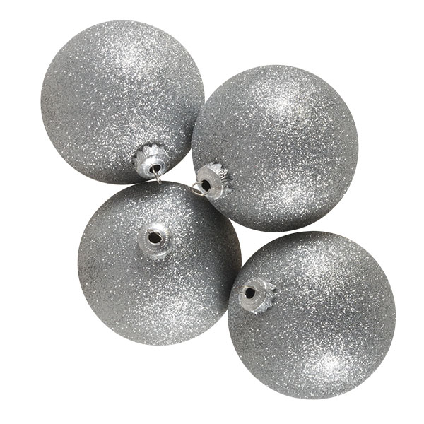 Xmas Baubles - Pack of 4 x 100mm Silver Glitter Shatterproof
