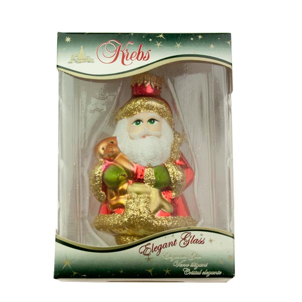 Krebs 10cm Glass Character Bauble Figure  - Santa With Teddy Bear