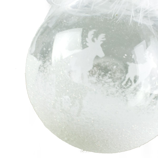 Feather Decorated Clear Seamless Bauble With Reindeer  Winter Scene - 85mm